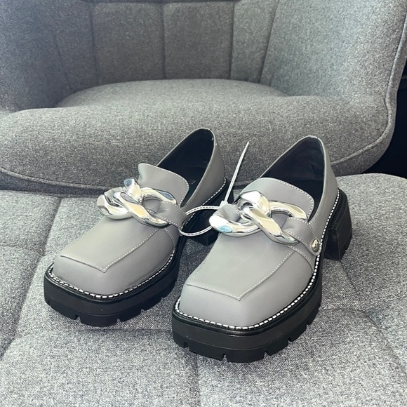 CHIKO Mhina Square Toe Block Heels Loafers Shoes NWOT.  HANDMADE CUSTOM. Grey - Picture 1 of 6
